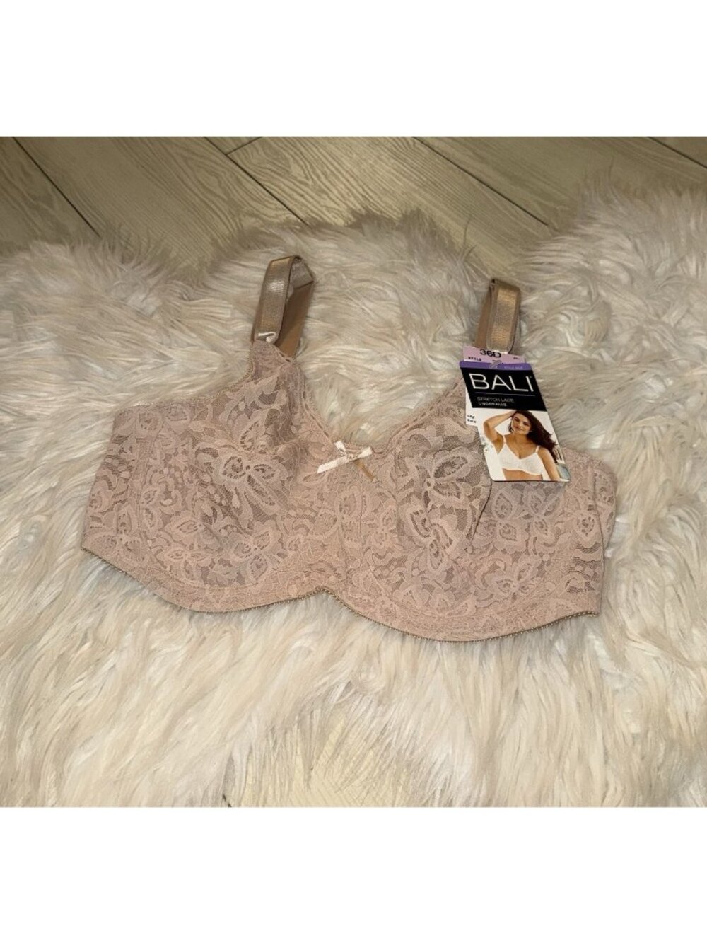 Bali 3432 Lace N Smooth Full Coverage Bra Underwire Sheer Womens 36D Beige New